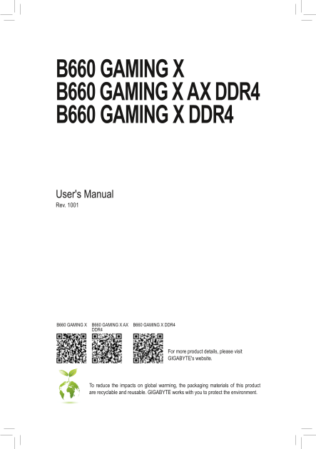 Gigabyte Motherboard B660 GAMING X AX DDR4 (rev.1.0) User Manual - English (version 1001) - Page 1