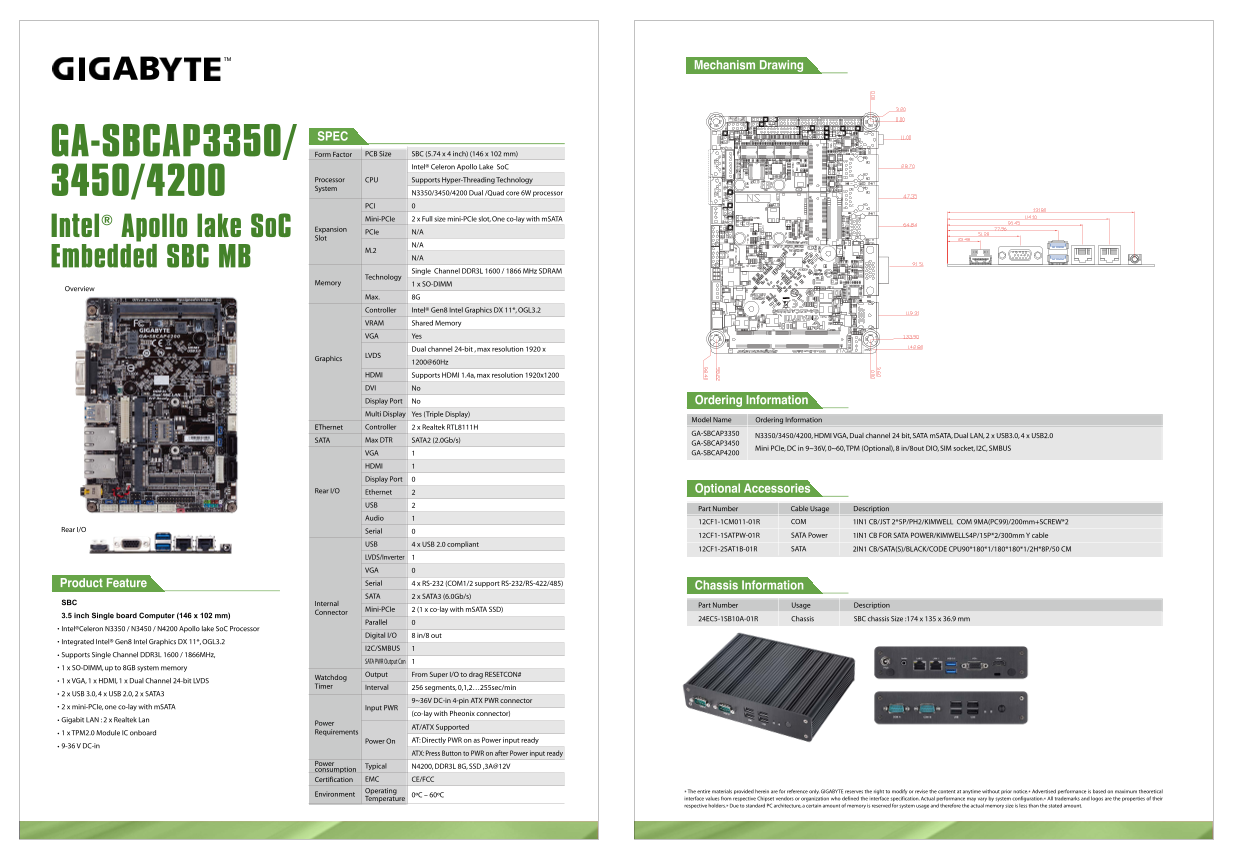 Gigabyte Motherboard GA-SBCAP3350 (rev.2.0) Data Sheet - Page 1