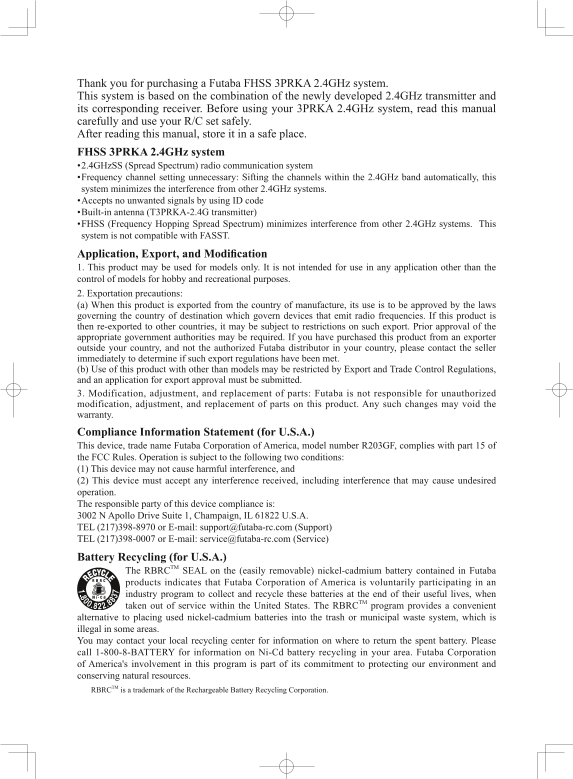 Futaba FHSS 3PRKA 2.4GHz System User's Manual - Page 1