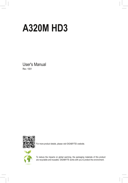 Gigabyte Motherboard A320M HD3 (rev.1.0) User Manual in English (Version 1001) - Page 1