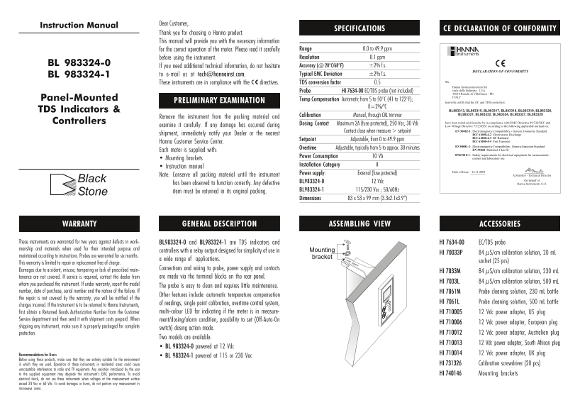 HANNA instruments BL 983324-0, BL 983324-1 User Manual - Page 1