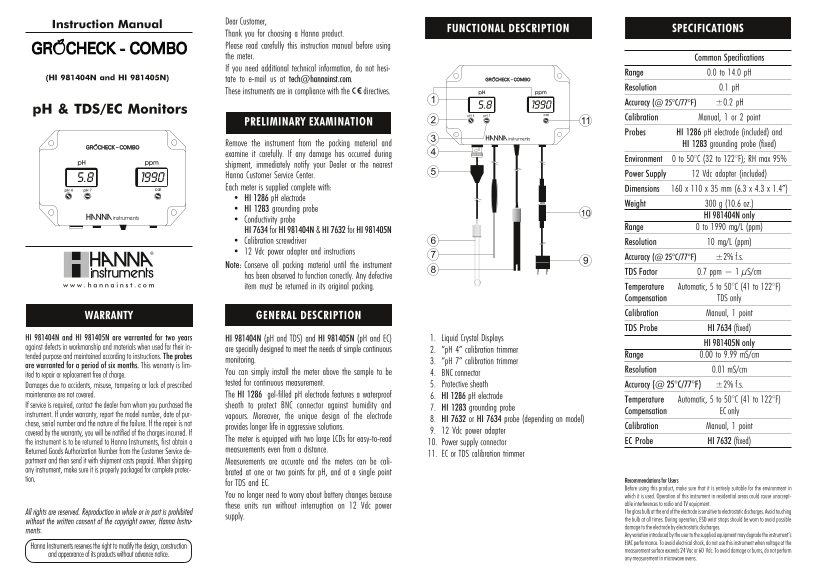 HANNA Instruments HI 981404N, HI 981405N pH & TDS EC Monitor Instruction Manual - Page 1