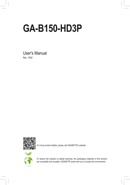 Gigabyte Motherboard GA-B150-HD3P (rev.1.0) User Manual English (version 1002) - Page 1