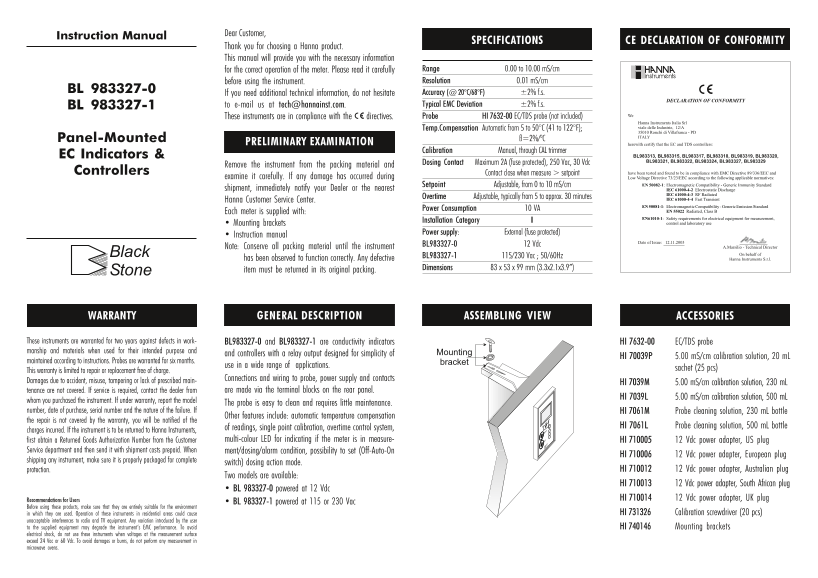 HANNA instruments BL 983327-0, BL 983327-1 User Manual - Page 1