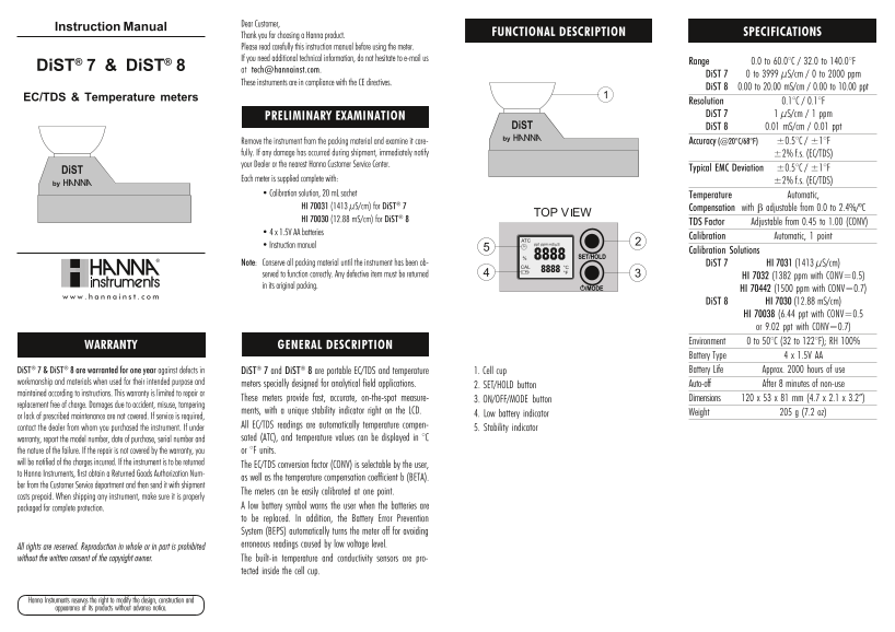 Hanna instruments DiST 7, DiST 8 User's Guide - Page 1