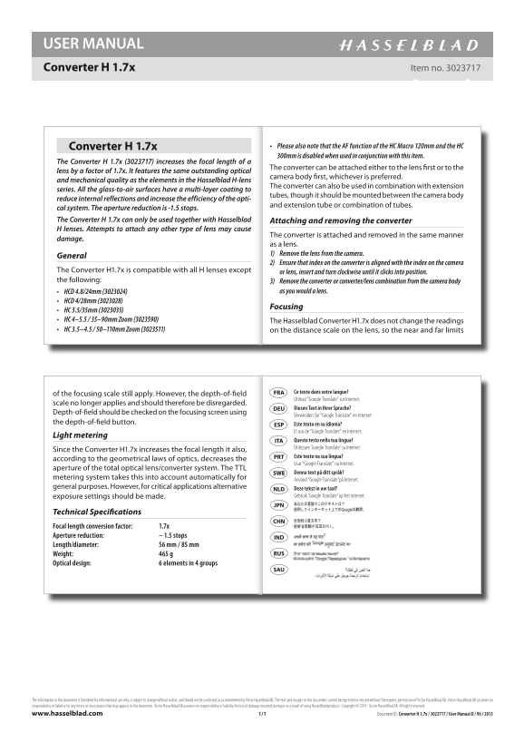 Hasselblad H Camera H 1.7X Converter User Manual - Page 1