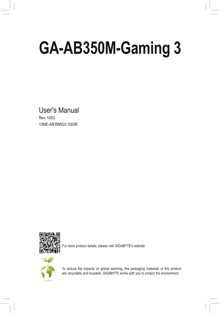 Gigabyte Motherboard GA-AB350M-Gaming 3 (rev.1.x) User Manual - English (version 1003) - Page 1