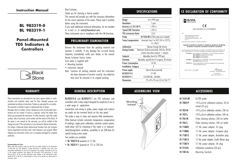 HANNA instruments BL 983319-0, BL 983319-1 User Manual - Page 1