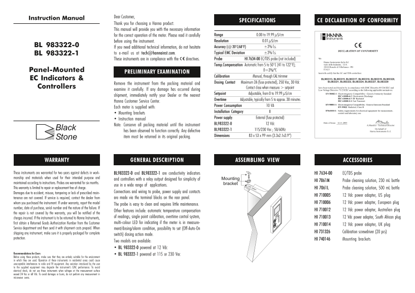 HANNA instruments BL 983322-0, BL 983322-1 User Manual - Page 1