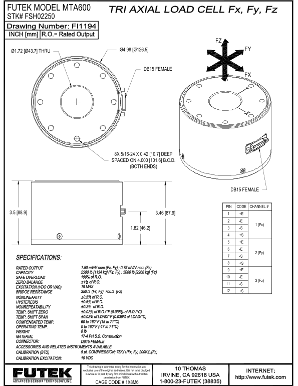 FUTEK MTA600 Handbook - Specifications & Instructions - Page 1
