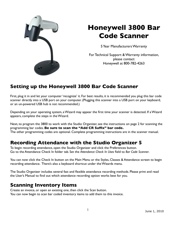 Honeywell 3800 Bar Code Scanner User's Guide - Page 1