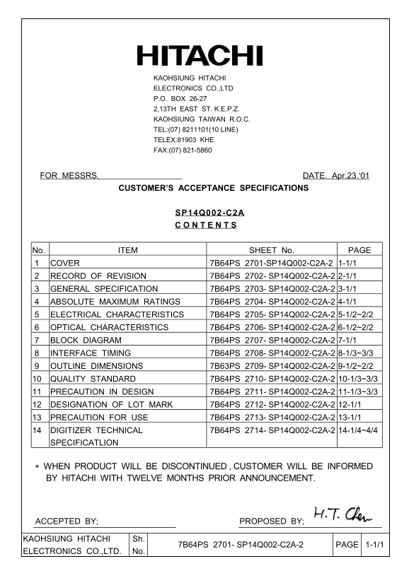 HITACHI CUSTOMER S ACCEPTANCE SPECIFICATIONS SP14Q002- C2A CONTENTS - Page 1