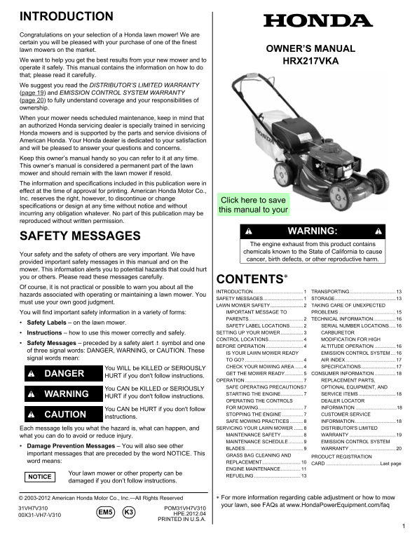 Honda HRX217VKA Owner's Manual - Page 1