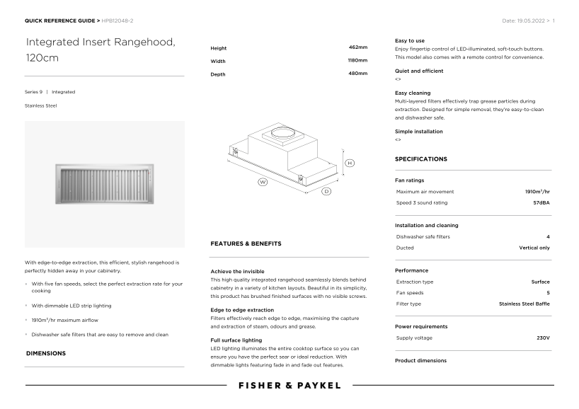 FISHER&PAYKEL Built-in Vent Hood 120cm (Model HPB12048-2) Quick Reference Guide - Page 1