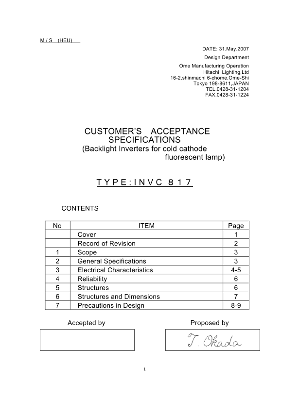 Hitachi Customer Acceptance Specifications - User's Manual & Instructions - Page 1