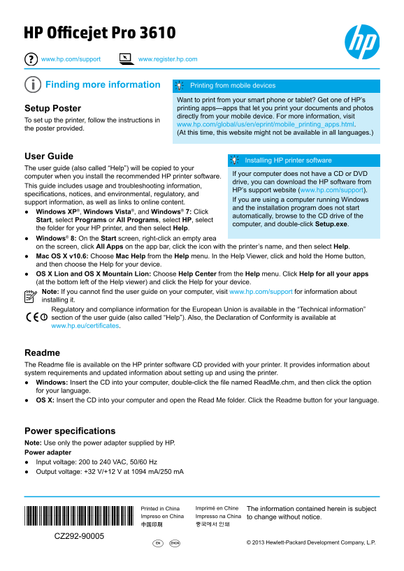 HP Officejet Pro 3610 Series Quick User Guide - Black & White Digital Multifunction Printer - Page 1