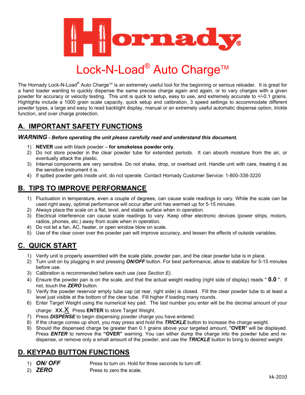 Hornady Lock-N-Load Auto Charge User's Guide - Page 1