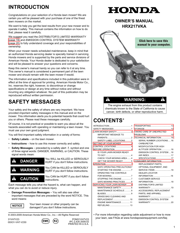 Honda HRX217VKA Owner's Manual (2) - Page 1