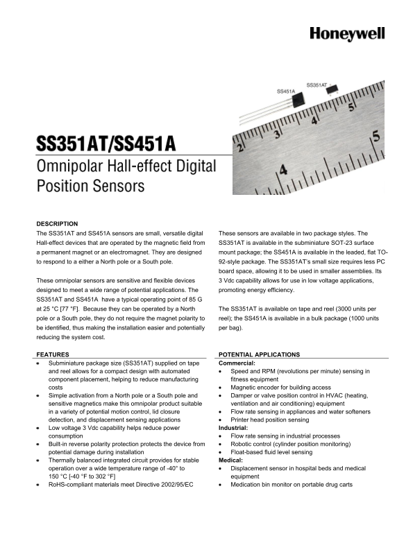 Honeywell SS351AT SS451A Data Sheet - Page 1