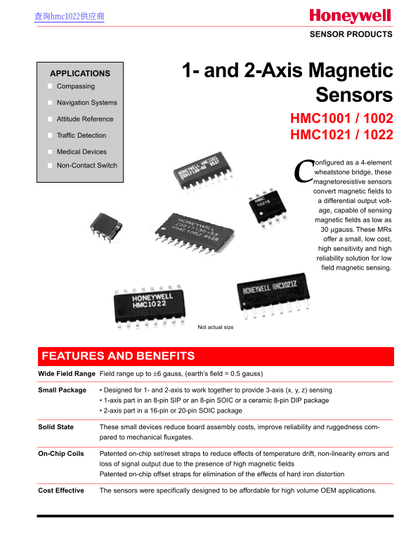 Honeywell 1- 2-Axis Magnetic Sensors HMC1001 1002 HMC1021 1022 handbook - Page 1