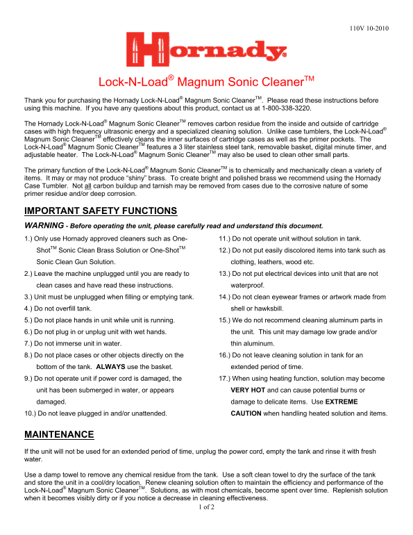 Hornady Lock-N-Load Magnum Sonic Cleaner User Manual - Page 1