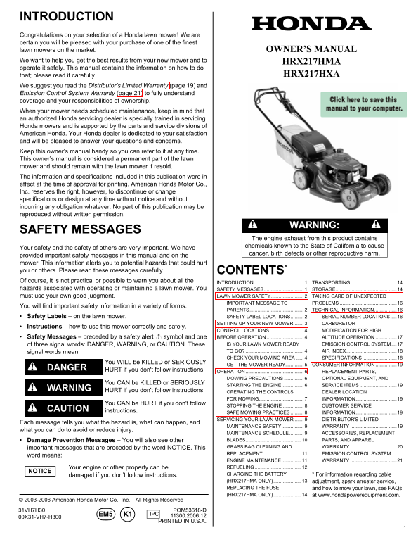 Honda HRX217HMA HRX217HXA Owners Manual 1 - Page 1
