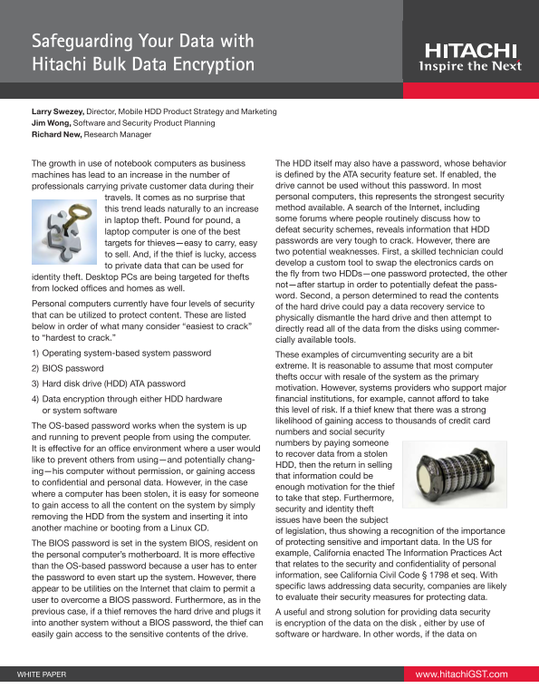 Western Digital Safeguarding Your Data with Hitachi Bulk Data Encryption Internal Solid State Drive English (US) White Paper - Page 1