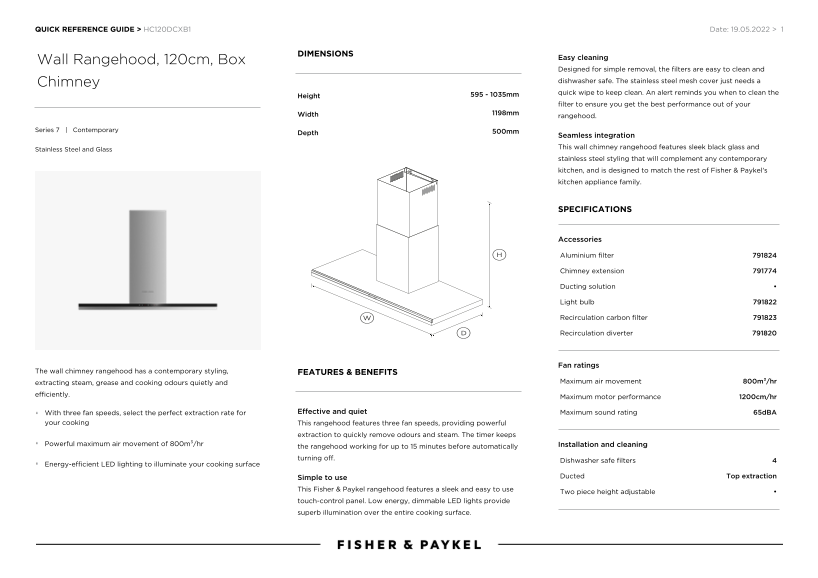 Fisher&Paykel Wall-mounted Hood Range Cooker T-Type (Model HC120DCXB1) Quick Reference Guide - 120cm, T-Type (HC120DCXB1) - Page 1