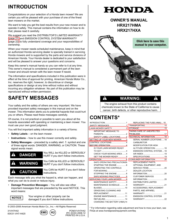 Honda HRX217HMA HRX217HXA Owner's Manual(1) - Page 1