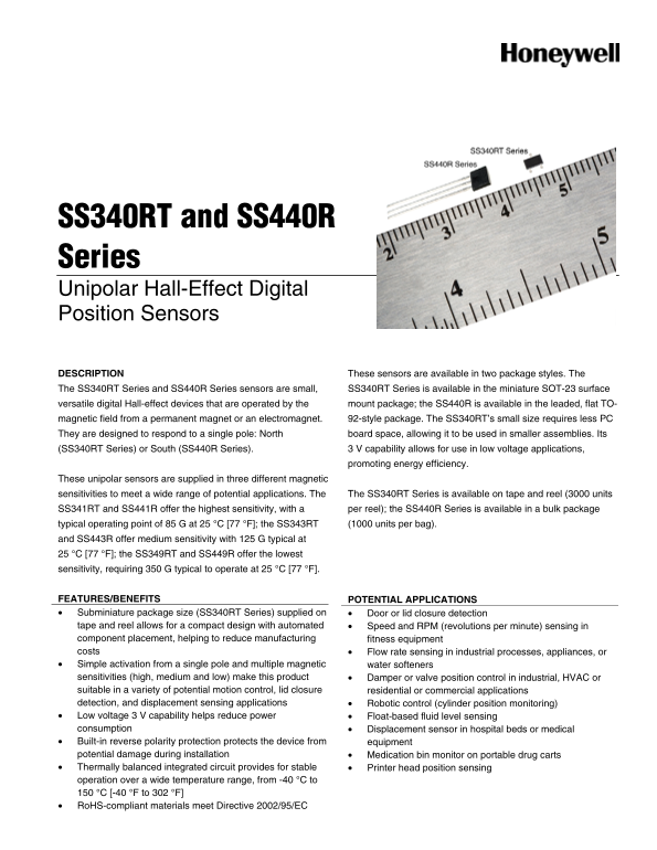 Honeywell SS340RT SS440R Series Unipolar Hall-Effect Digital Position Sensors Owner's Manual - Page 1