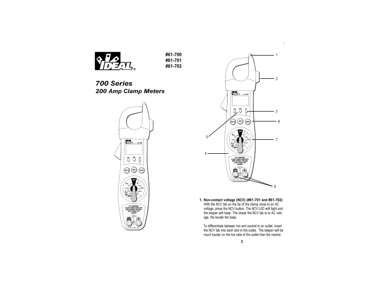 IDEAL 61-700 61-701 200 Amp Clamp Meter User Manual - Page 1
