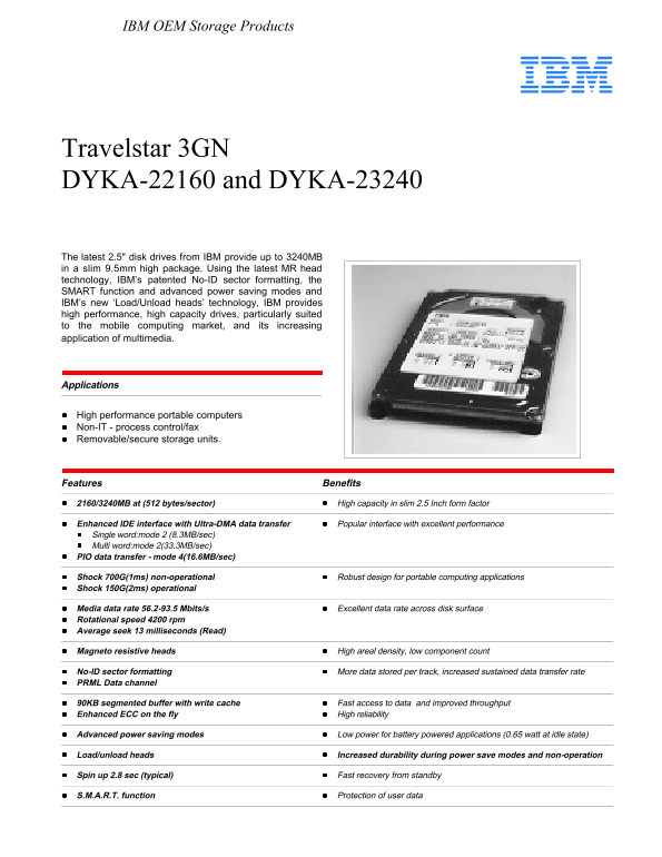 IBM Travelstar 3GN DYKA-22160 and DYKA-23240 User's Manual - Page 1