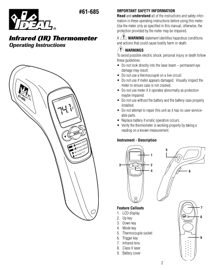 IDEAL #61-685 Infrared (IR) Thermometer Operating Instructions Manual - Page 1