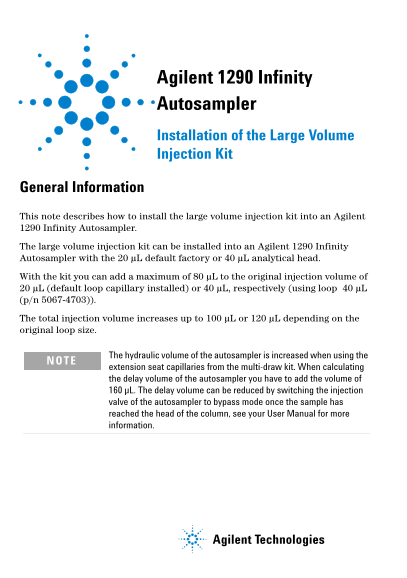 Agilent 1290 Infinity Autosampler Large Volume Injection Kit Installation Guide - Page 1