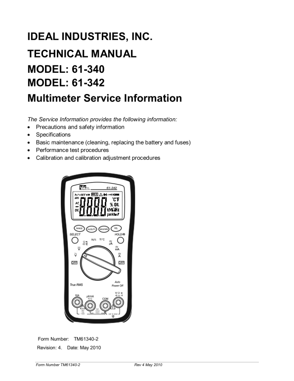 IDEAL INDUSTRIES INC. MODEL 61-340 61-342 TECHNICAL MANUAL MULTIMETER SERVICE INFORMATION - Page 1