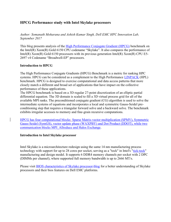 Dell HPCG Performance Study with Intel Skylake Processors - User's Guide - Page 1