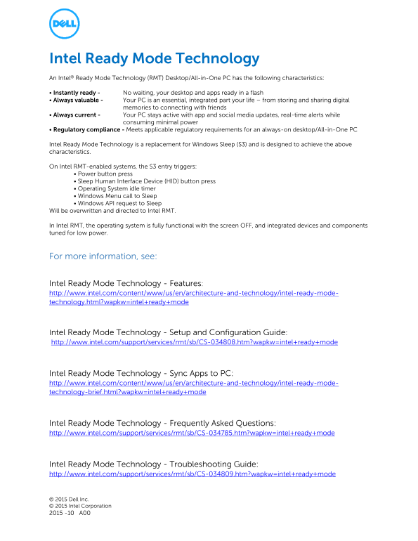 Dell Intel Ready Mode Technology Owner's Manual - Page 1