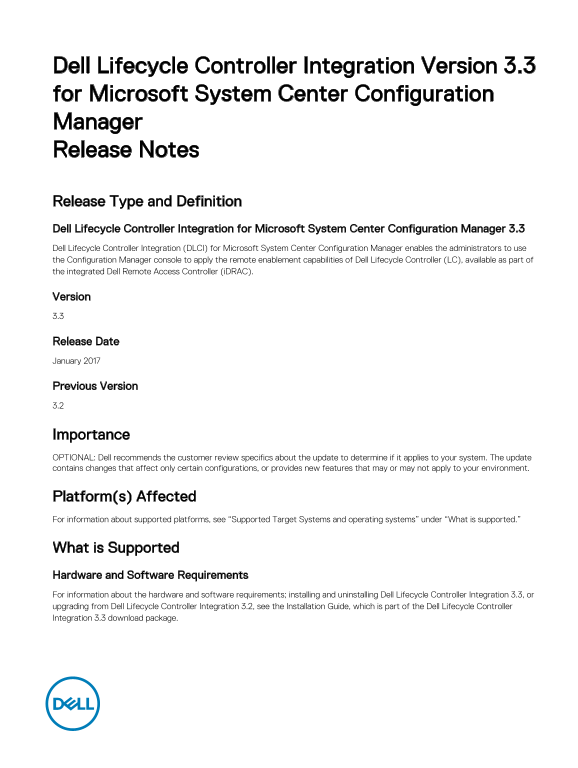 Dell Lifecycle Controller Integration Version 3.3 for Microsoft System Center Configuration Manager Release Notes - Page 1
