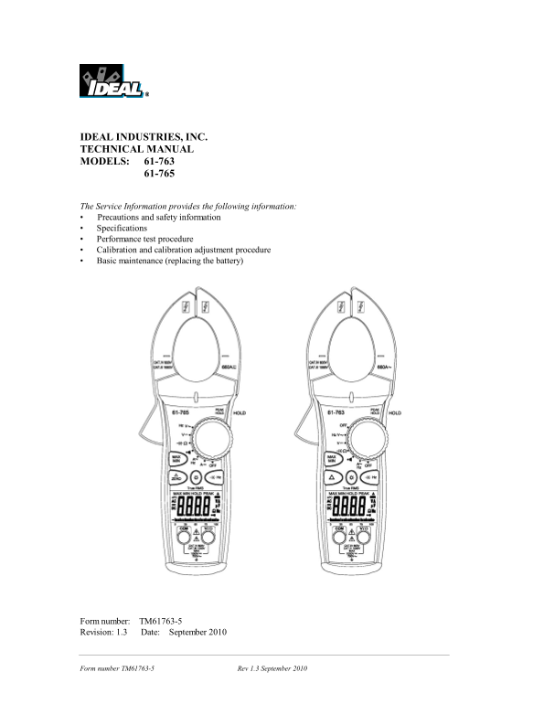 Ideal Industries Inc. Technical Manual Models 61-763 61-765 Owner's Manual - Specifications and User Guide - Page 1