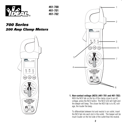 Ideal 61-700/1/2/4 200 AAC Clamp Meter Instructions - Page 1