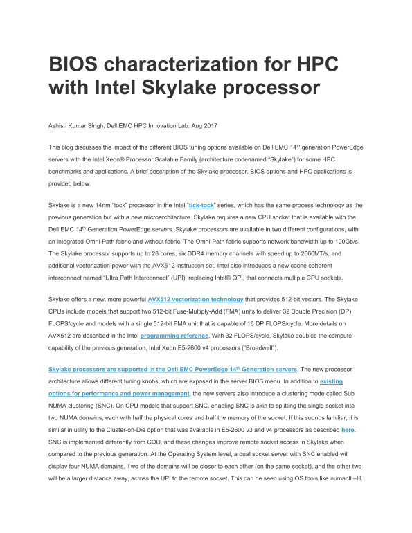 Dell BIOS Characterization for HPC with Intel Skylake Processor User Guide - Page 1