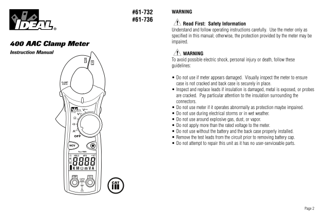 IDEAL 61-732 61-736 400 AAC Clamp Meter User Manual - Page 1