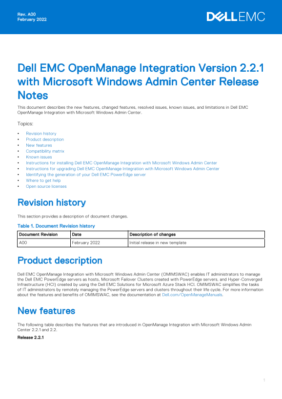 Dell EMC OpenManage Integration Version 2.2.1 with Microsoft Windows Admin Center Release Notes - Page 1