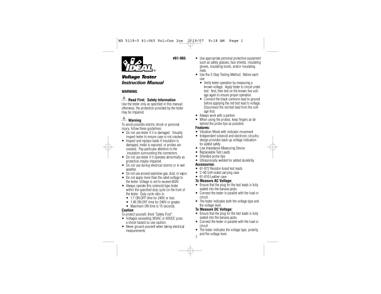 IDEAL Voltage Tester 61-065 Instructions - Page 1