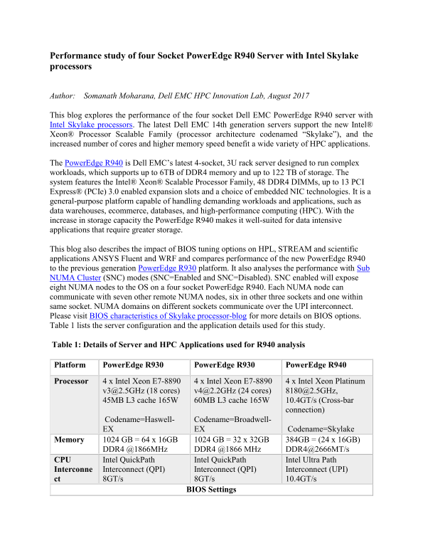 Performance Study of Four Socket PowerEdge R940 Servers with Intel Skylake Processors - Page 1