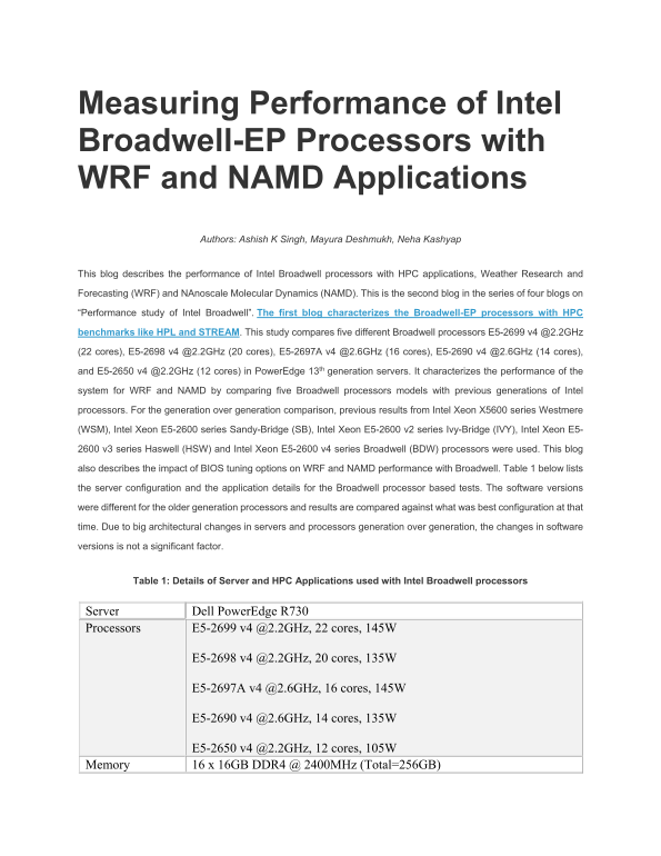 Dell Measuring Performance of Intel Broadwell-EP Processors with WRF and NAMD Applications Owner's Manual - Page 1