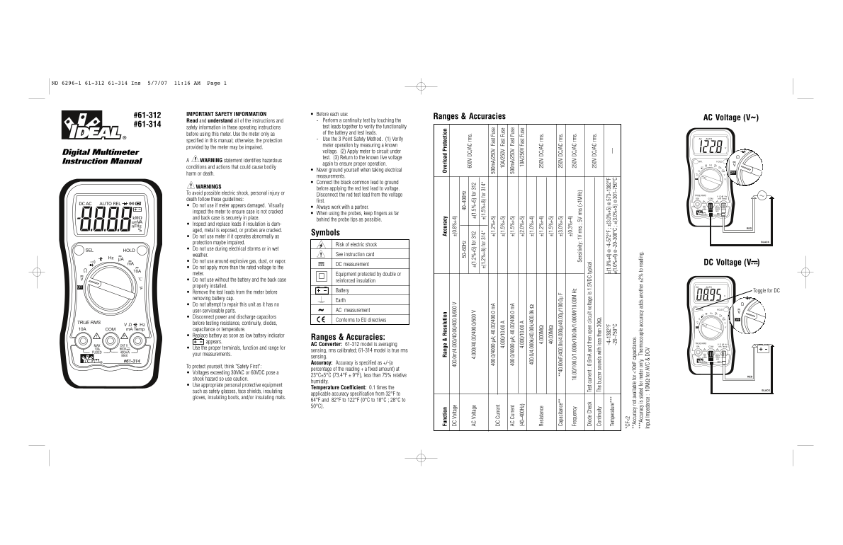 IDEAL 61-312 Resi-Pro Multimeter Instructions User Manual - Page 1