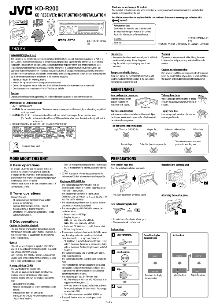 JVC KD-VR200 Installation and User Guide - Page 1