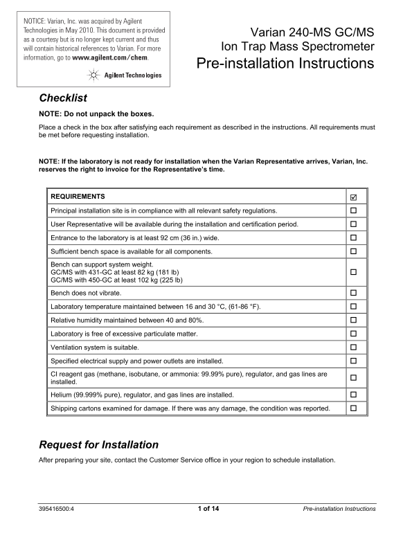 Agilent GC MS Ion Trap Mass Spectrometer Pre-Installation Instructions - Page 1