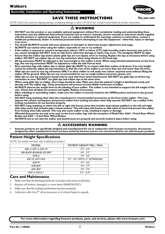 INVACARE Walkers Installation and User Guide - Page 1